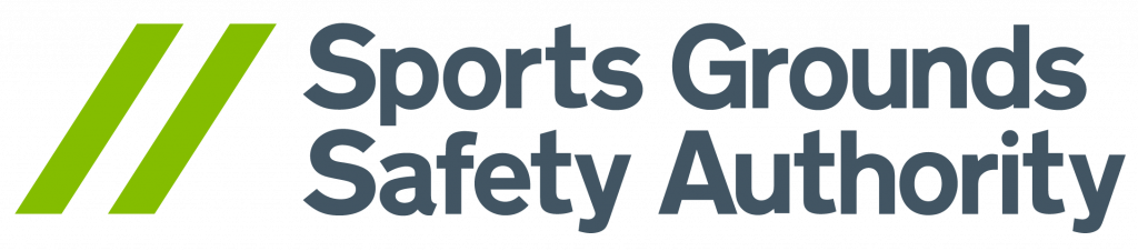 Sports Ground Safety Authority Logo with it's name and two forward slashes in green.