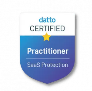 A Certification badge from the company Datto with the words Certified Practitioner - SaaS Protection