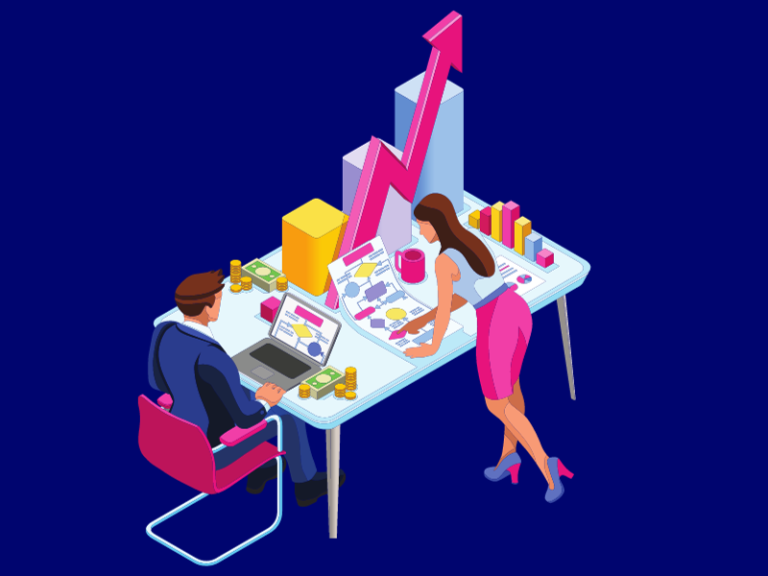 woman and man working in cartoon office with increase sign