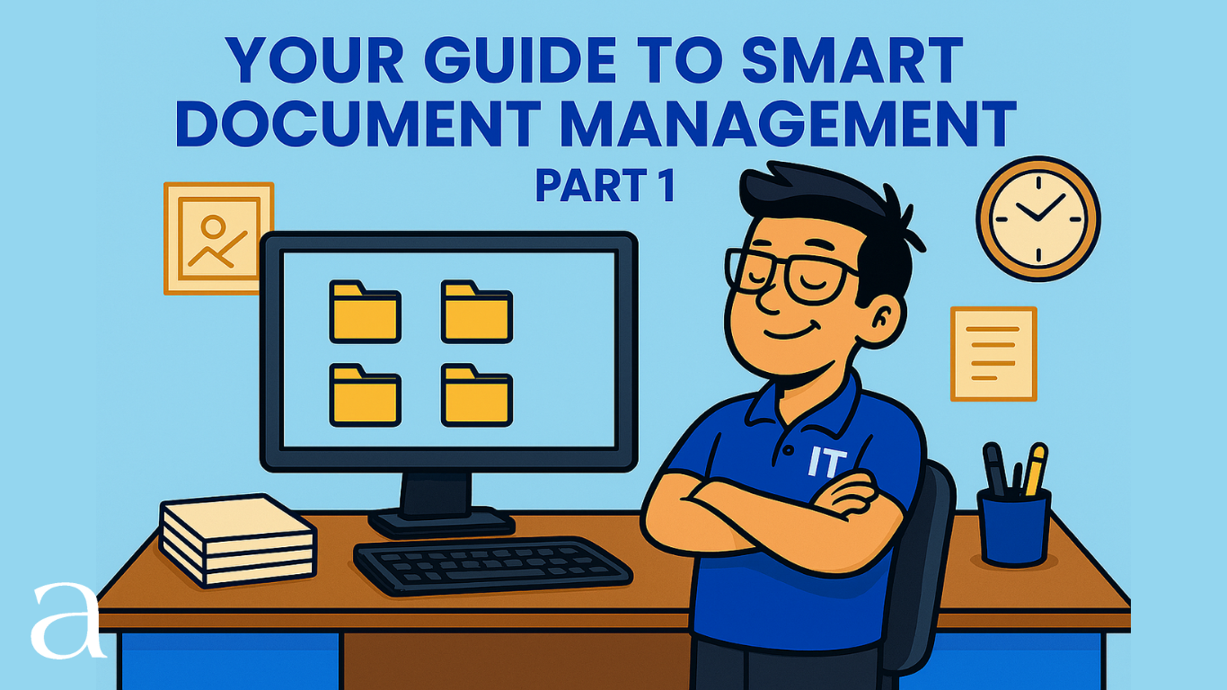 Cartoon image of an IT person proud of his smart document management showing on the computer. Title says 'Your guide to smart document management part 1'